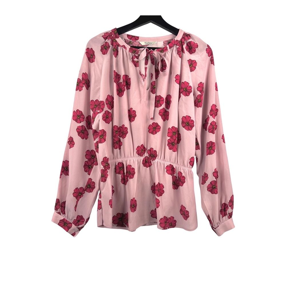 Tucker Silk‎ Floral Peplum Blouse sz M Pink Tie preppy colorful cocktail